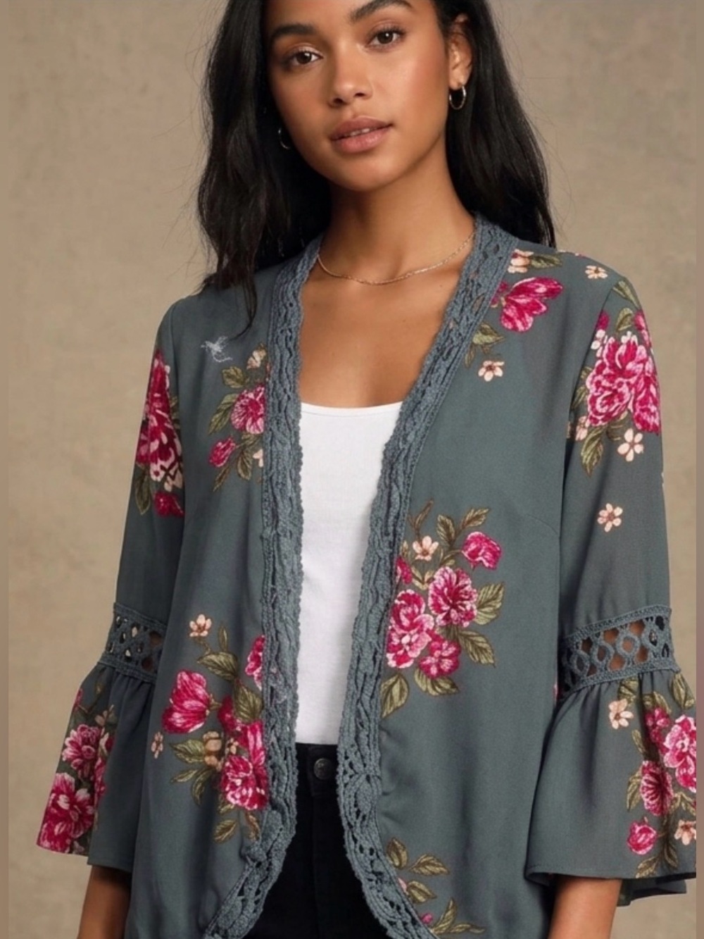 Miss Chievous Slate Gray Floral Open-Front Kimono